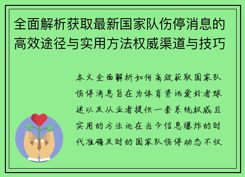 全面解析获取最新国家队伤停消息的高效途径与实用方法权威渠道与技巧