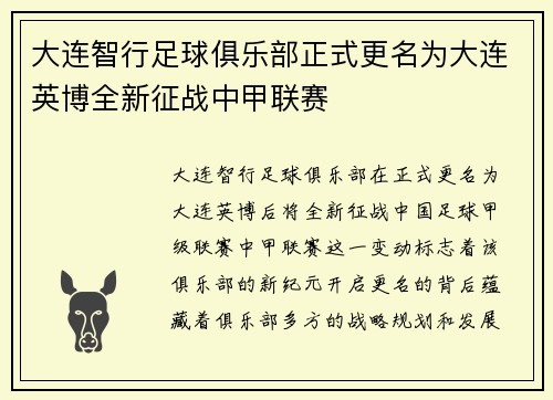 大连智行足球俱乐部正式更名为大连英博全新征战中甲联赛